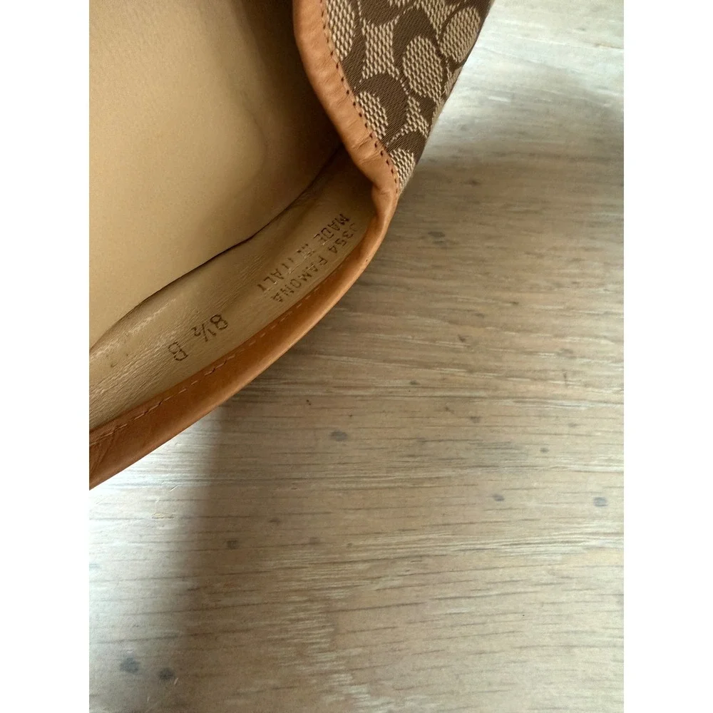 Coach Signature Monogram Canvas Kitten Heel Mules Brown Tan square Toe 8.5 B